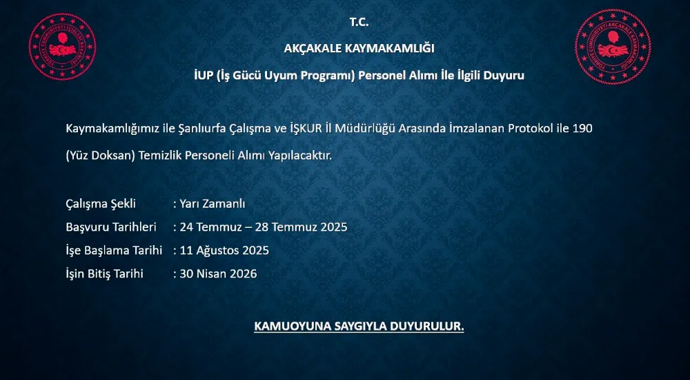 Kamuya Girmek İsteyenlere Müjde: Akçakale Kaymakamlığı 190 Kişi Alacak